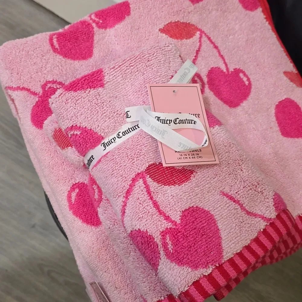 Juicy Couture Home Heart Cherry Bubble Logo Oversized Bath & Hand Towel Set